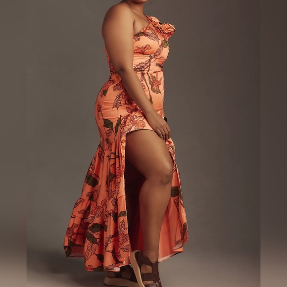 ANTHROPOLOGIE Hutch NWT Floral One-Shoulder Ruffle Maxi Dress Orange Botanical - Picture 3 of 9
